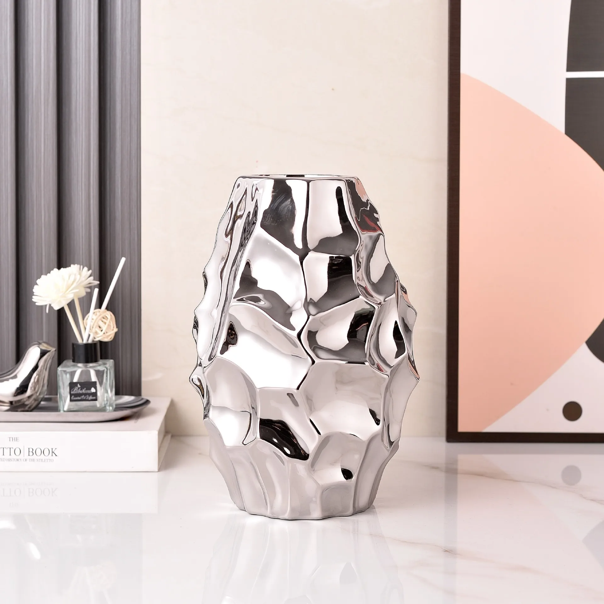 LH simple modern fashion electroplated gold and silver ceramic vase home soft decoration crafts