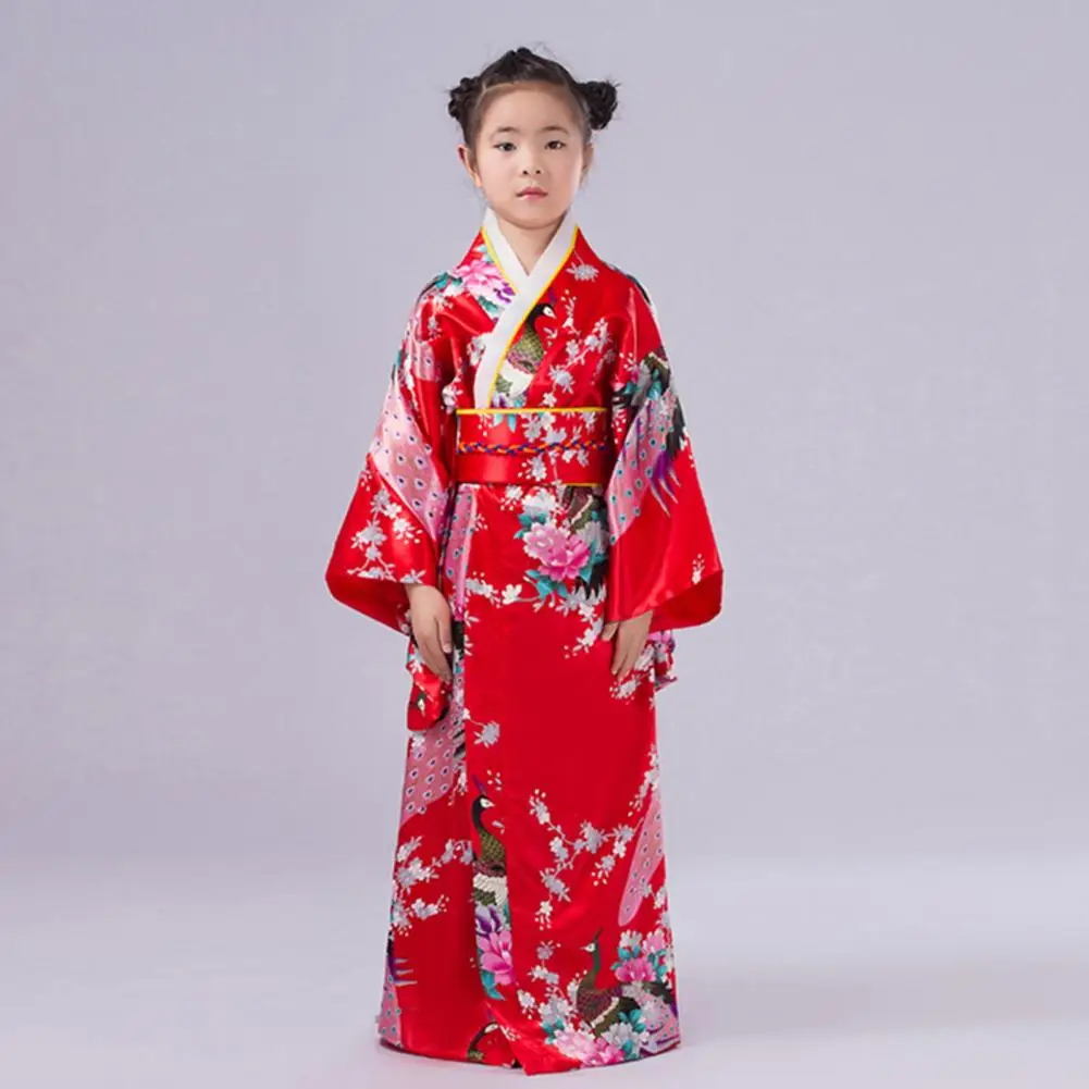 Kids Satin Floral Kimono Robe Girls Traditional Kimono Pajama Peacock Kimono Robe Bathrobe Girls Silky Satin Robes Sleepwear