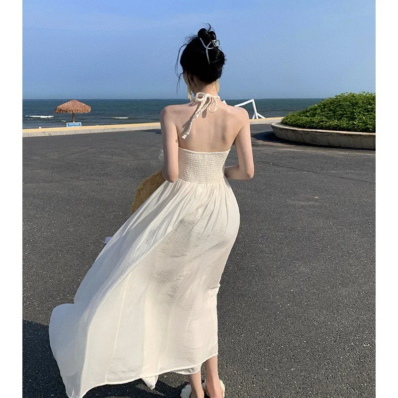 Ele Travel Vaion Dr Hanging Ne Strapl Skirt High Waist A-Line Polyester Summer 2023 Busin Home Use