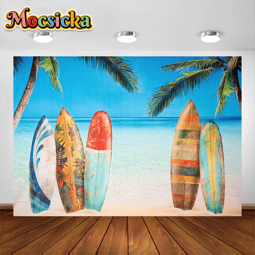 

Summer Coastal Beach Photography Background Hawaiian Palm Trees Surfboard Party Decoration Backdrops Cake Smash Studio Props