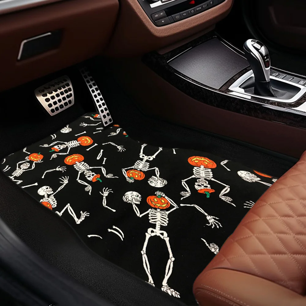 Halloween Themed Car Floor Mats - Polyester Fiber, Non-Slip Backing, 1pc/2pcs/4pcs Set, Skull And Pumpkin Design, All-Season Veh