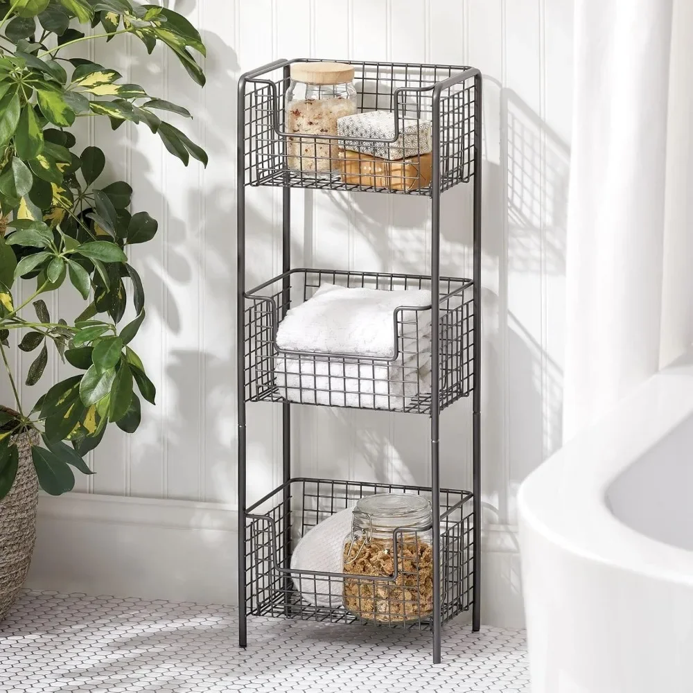 

Steel Freestanding Storage Organizer Tower Rack Basket Shelf, Metal 3-Tier Furniture Unit for Master/Guest Bathroom, Powder