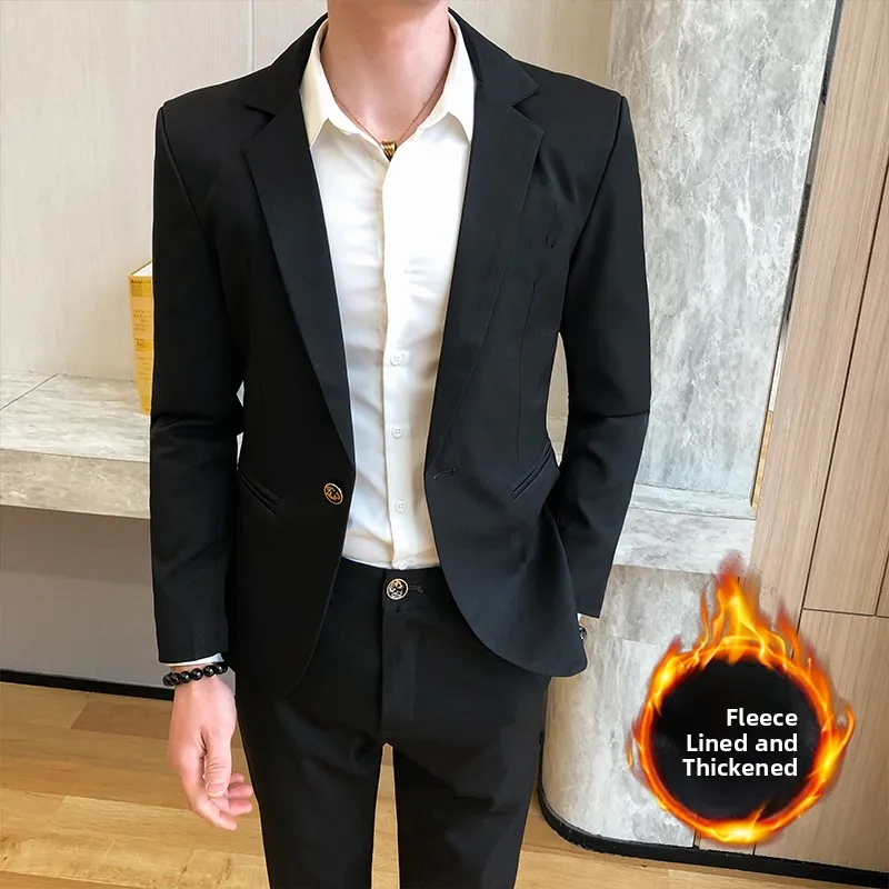 

Корейский мужской утепленный флисовый повседневный костюм-двойка в британском стиле, приталенный, модный, зимний, деловой, верхняя одежда