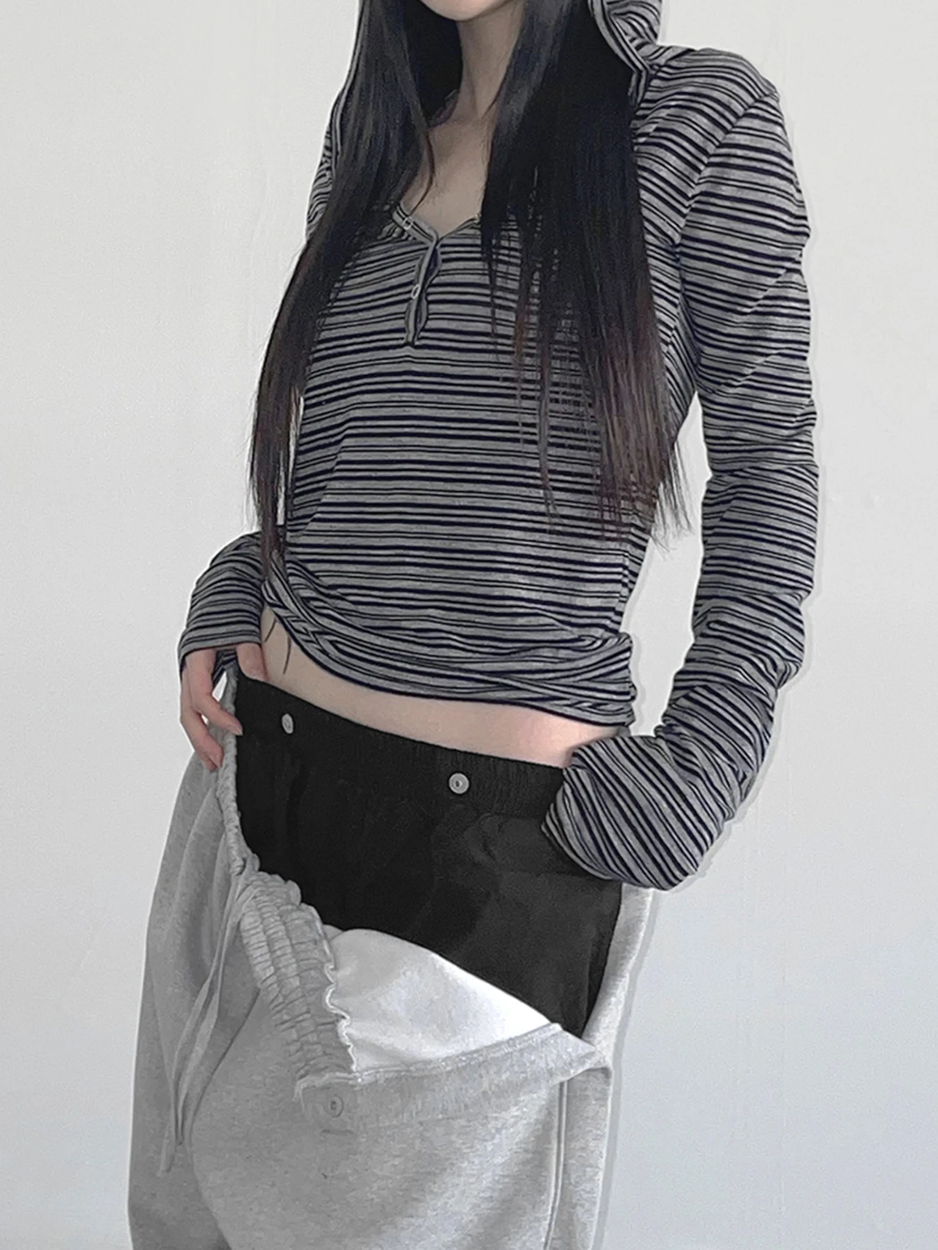 Casual Striped Breasted Long Sleeve Hooded T-Shirts Women Design Slim Fit Simple Fashion Blouses image 4