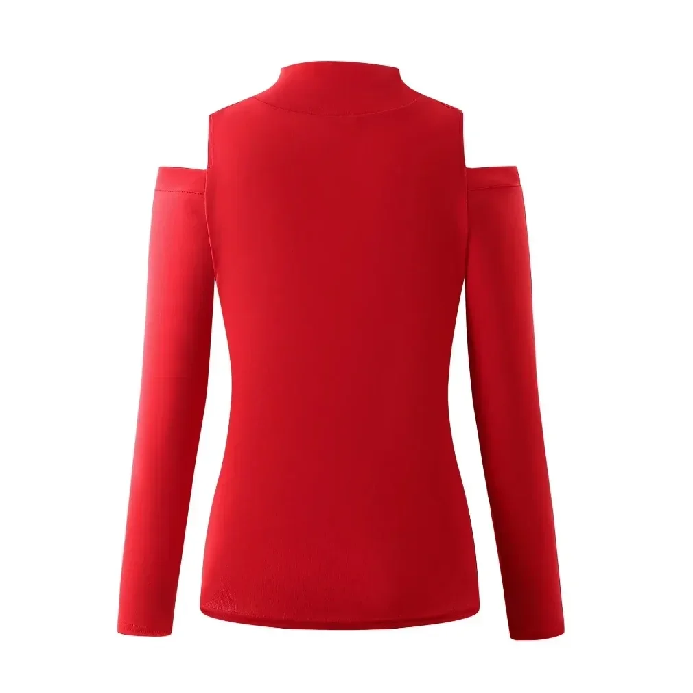 Outono e inverno moda feminina casual camisa de deslocamento senhoras cor sólida renda remendo fora do ombro manga comprida topo