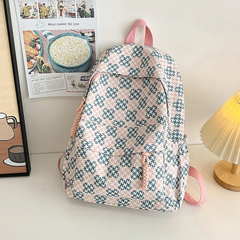 Houndstooth Contrasterende Kleur Hoge Capaciteit Twist Rits Nylon Schooltas Mode Rugzak 2024 Hot Sale Tassen Voor Meisjes En Jongens