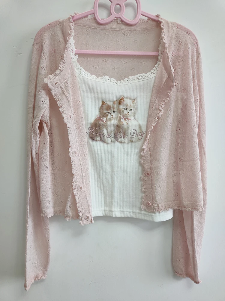 Cute 2 Piece Tops Women Cardigans and Crop Tops for Sweet Girls Lace Trim Two Cats Print Croped Kawaii Clothes