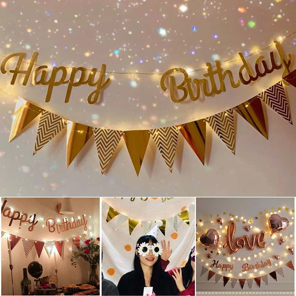 DIY Colored Lights Happy Birthday Banner Decorations Baby Shower Birthday Party Background Decor Bunting String Lights Flags Set