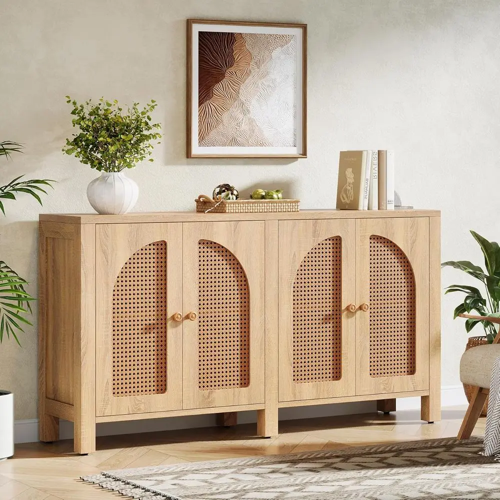 4-Door Rattan Sideboard with Storage for Living Room, Kitchen, or Entryway