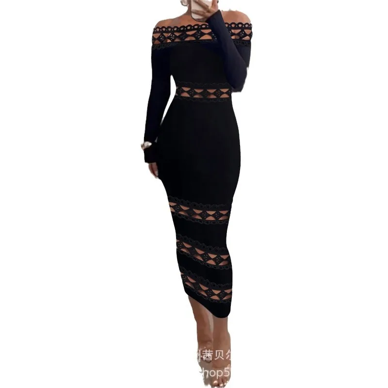 2024 Dames Effen Haak Bloem Holle Lange Mouwen Slash Hals Midi Bodycon Formele Party Zwarte Jurk