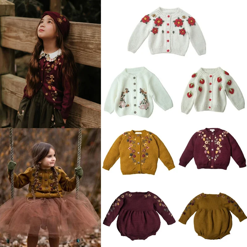 Toddler Girl Cardigan Shirley Bredal Brand 2024 New Autumn Baby Sweater Kids Clothes Newborn Romper Flower Embroidery Knit Tops