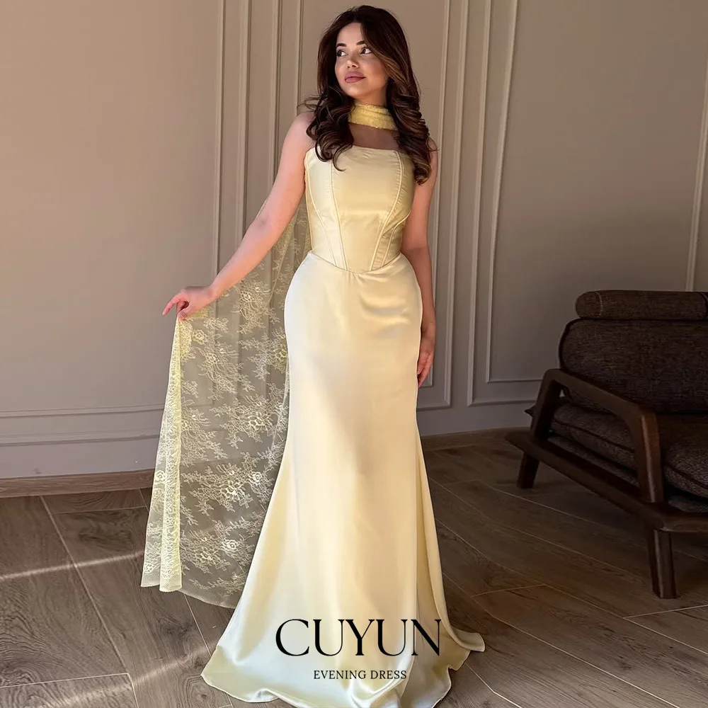 

CUYUN Желтое элегантное женское вечернее платье русалки с кружевной шалью, индивидуальные платья с длинными рукавами для торжественных мероприятий для свадебных гостей