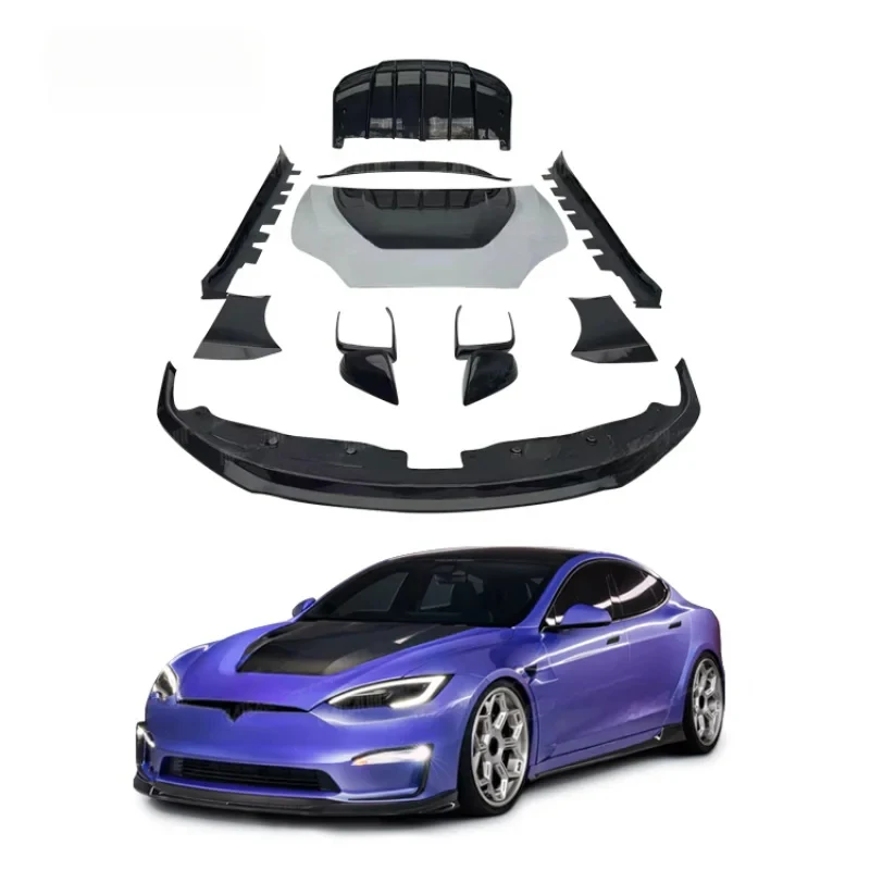 Factory Hot Sale High-Quality V Style Dry Carbon Fiber Body Kit Model S Front Lip Side Skirts Rear Diffuser Hood