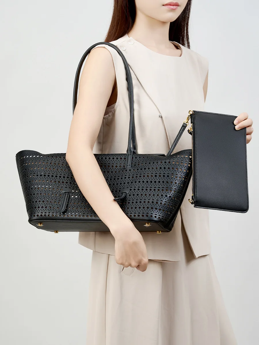 New Hollow Carved Vegetable Basket Bag, Genuine Leather Tote Bag, Large Capacity Commuting Hand-Held Shoulder Bag for Women