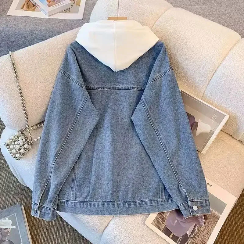 

Fake Two-Piece Denim Jacket Women's 2025 Spring Autumn New Loose Hooded Retro Cowboy Female Coat Temperament Casual Ladies Tops