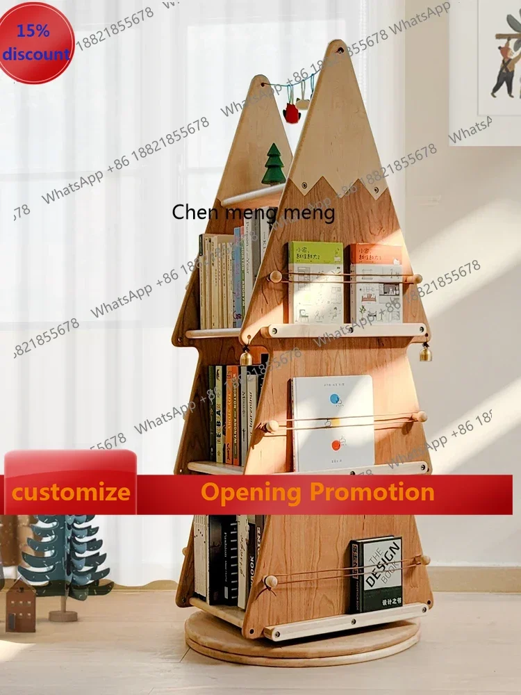 scn8617 GY Christmas Tree Rotating Bookshelf All Solid Wood 360 Degrees Multi-Layer Bookcase Storage Children Picture Book Rack