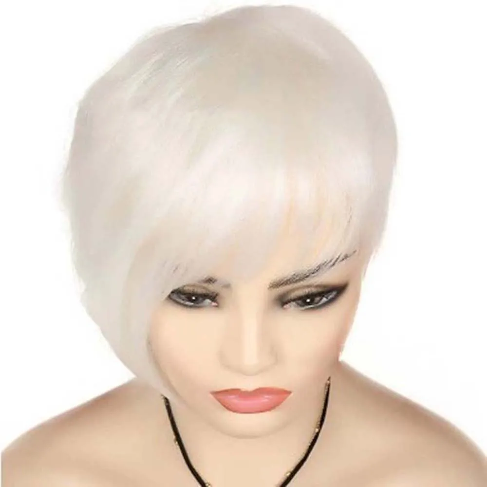 Short Silver Ombre White Synthetic Wig For Women Natural Straight Fluffy Hair With Bangs Heat Resistan Fiber Cosplay Wigs