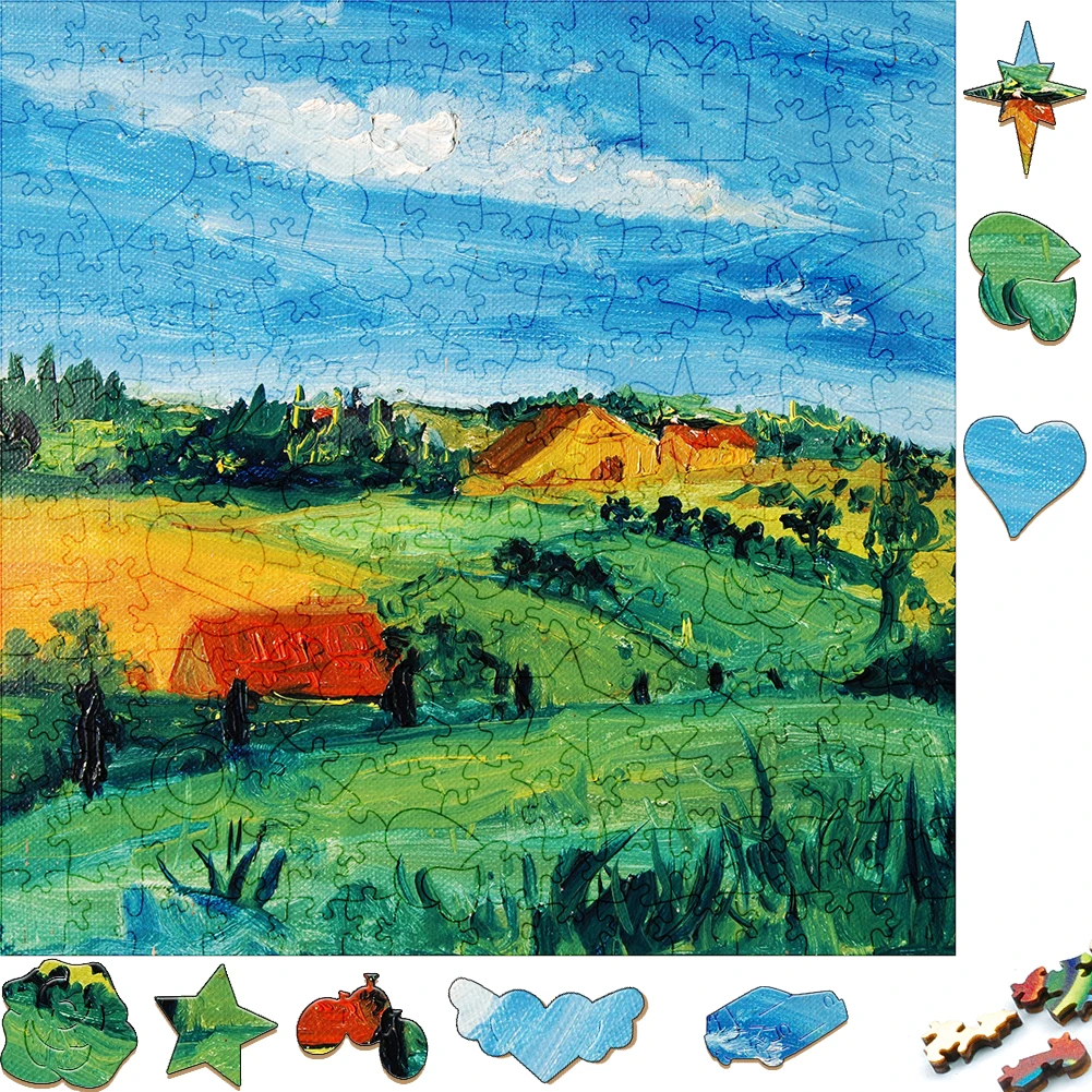 

Creative Wooden Jigsaw Puzzles Country Oil Painting 3D Wood Puzzle Craft Irregular Family Interactive Puzzle Toy Social Games