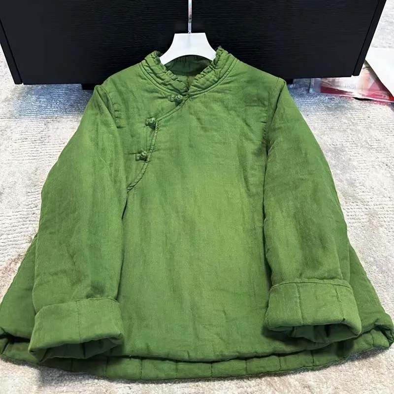 

Sand-washed Linen Chinese-style Buckle With Cotton-padded Clothes Women Winter Chic Beautiful Fungus Collar Cotton-padded Jacket