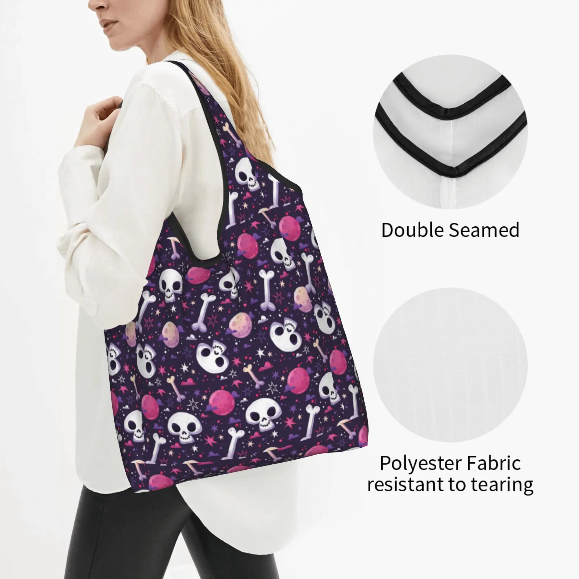 Custom Skull Print Shopping Bags Women Portable Big Capacity Grocery Horror Skeleton Death  Shopper Tote Bags