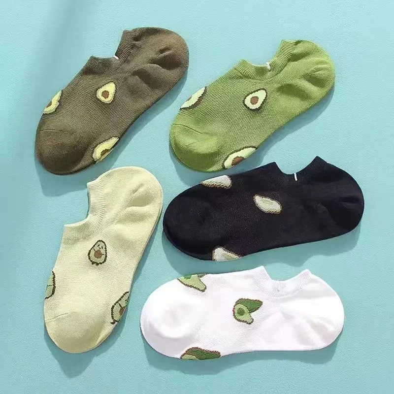 5 paires de chaussettes courtes à motif avocat de dessin animé, nouvelle mode fraîche, respirantes, confortables, pour femmes, style bateau bas, idéales pour l'été