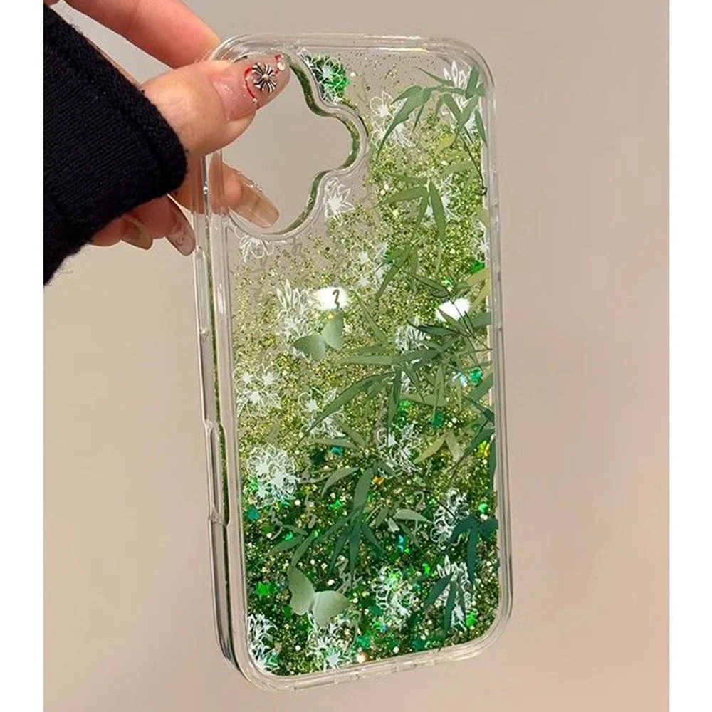 

Phone Case For iPhone 16 15 14 13 12 Pro Max Plus INS Chinese Style Green Bamboo Print Quicksand Transparent Protective Cover