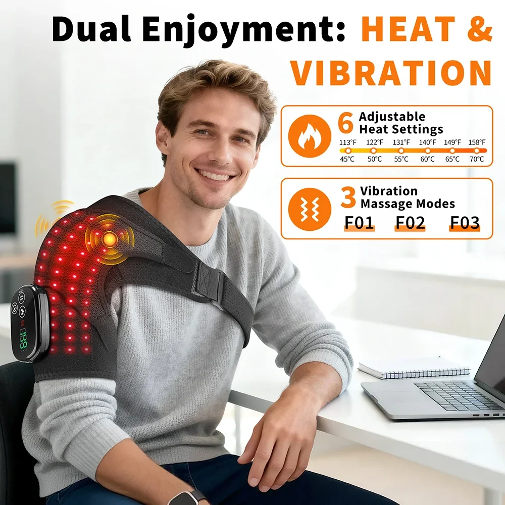 Electric Heating Shoulder Massage Brace Belt 660&850nm Red Light Thermal Vibrator Shoulder Wrap Massage Relaxation Support Pad