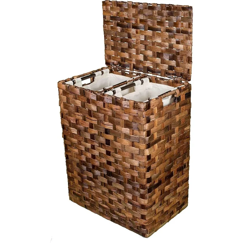 Abaca Divided Flat Weave Laundry Hamper with Bags - Hand Woven Clothes Basket