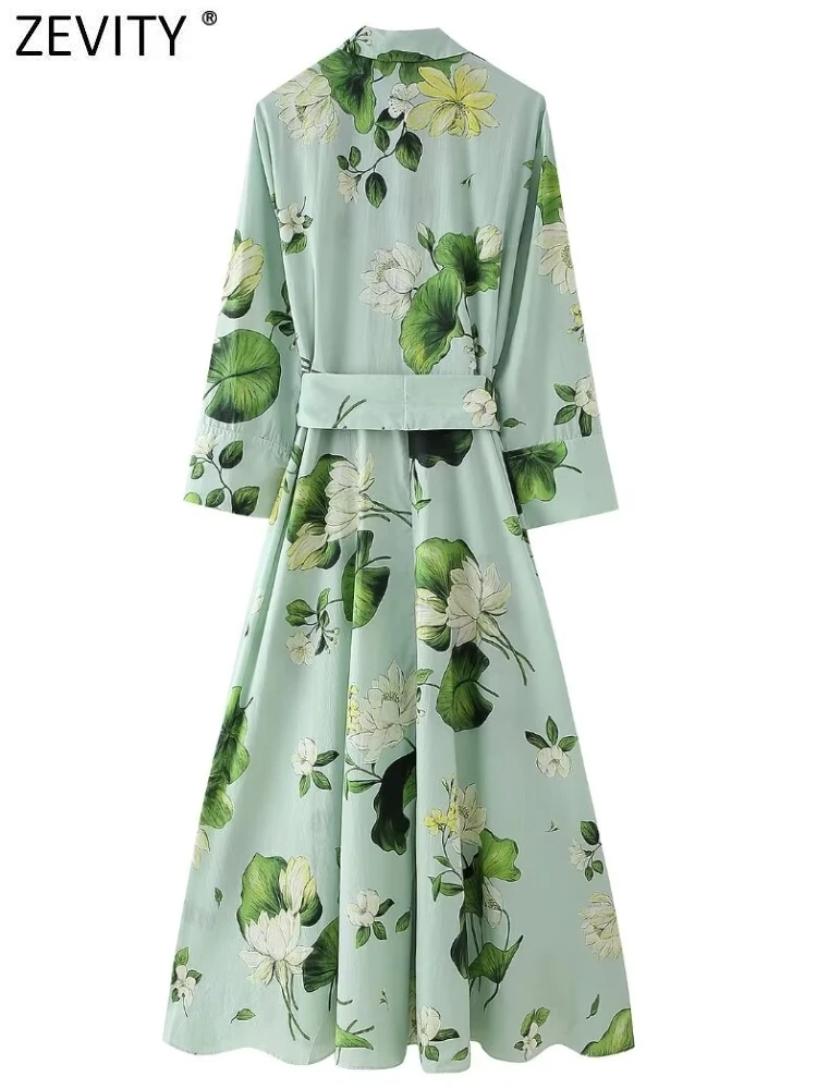 Zevity 2024 Women Vintage Green Flower Print Bow Tied Sashes Slim Midi Shirt Dress Female Chic Casual Retro Party Vestido DS6177