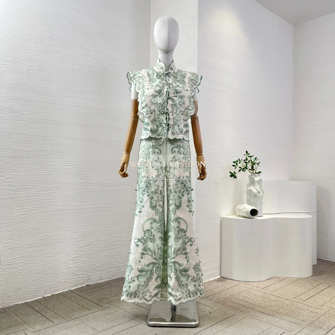 

Women's White Green Print Sleeveless Maxi Pants and Top Blouse 2025 Luxurious High Quality