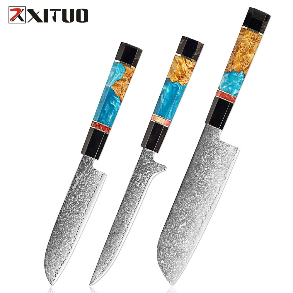 

Набор кухонных ножей из 1-3 предметов, острый Сантоку из дамасской стали, пор, профессиональные кухонные ножи, черный рог буйвола, смола и деревянная ручка