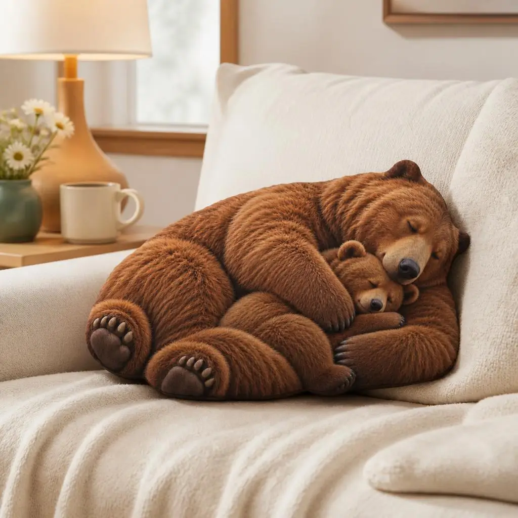 Cuddling Brown Bears Shaped Pillow Stuffed Cushion Sleeping Bear Cub Throw Pillow Sofa Home Decor Wildlife Gift Cozy Bedroom