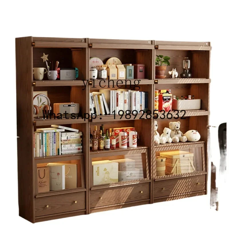 

Solid Wood Bookcase Integrated Entire Wall Dust Belt Glass Door Home Storage Display Cabinet