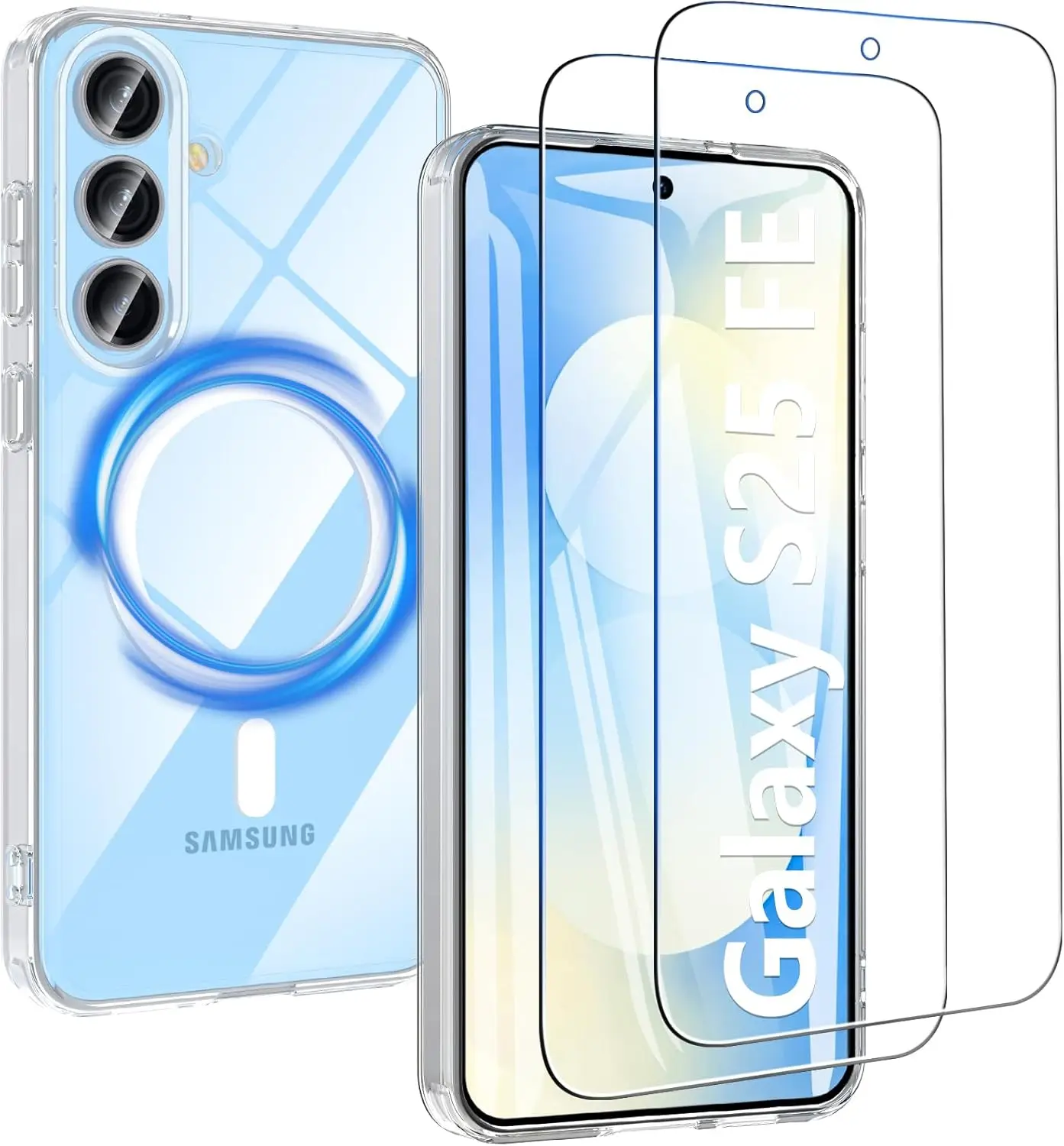 Für Samsung GalaxyS25FE/S24FE Hülle, Fallschutzhülle mit 2 Displayschutzfolien, magnetisches kabelloses Laden, unterstützt, transparent