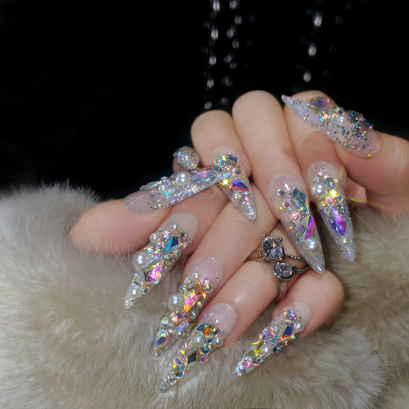 24 Stück Glitzernde Strass-Press-On-Nägel, luxuriöse, glänzende Pailletten-Designs, künstliche Nägel, lange Stiletto-Nägel, Braut-Hochzeits-Kunstnägel – Detail 9