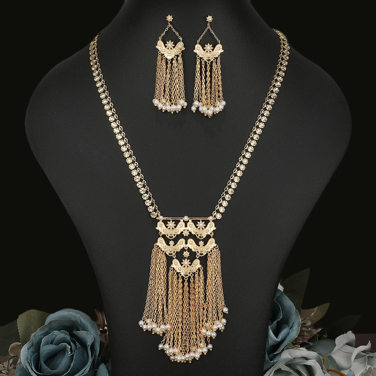 

Women Fashion Gold Long Chain Necklace Earring Set Link Tassel Pearl Flower Design Arabic Style Wedding Party Jewelry Set ​