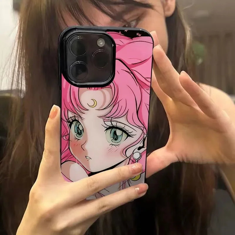 Ins Anime Big Eyes Pink Haired Girl Phone Case For iPhone 16 Pro Max 15 14 13 12 11 Xr Xs Max 7 8 Plus Y2K Cartoon Phone Case