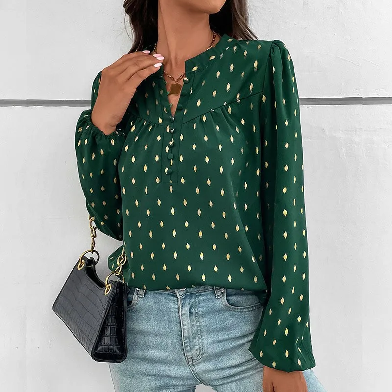 Dark Green Women's Elegant Shirt Long Sleeved With Polka Dot Hot Stamping Design V-neck Button Lantern Sleeve Spring New Product