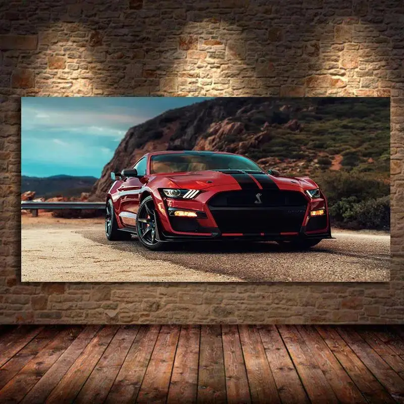 Modern Wall Art Oil Canvas Paintings  Red Supercar Ford Mustang Shelby GT Picture for Living Room Decor  Posters and Prints