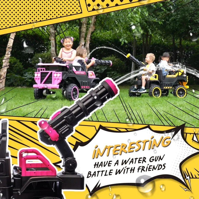 Un bel camion pour enfants 3 places avec un pistolet à eau intégré, un support électrique et un jouet de tour pour bébé rose réglable à 3 vitesses