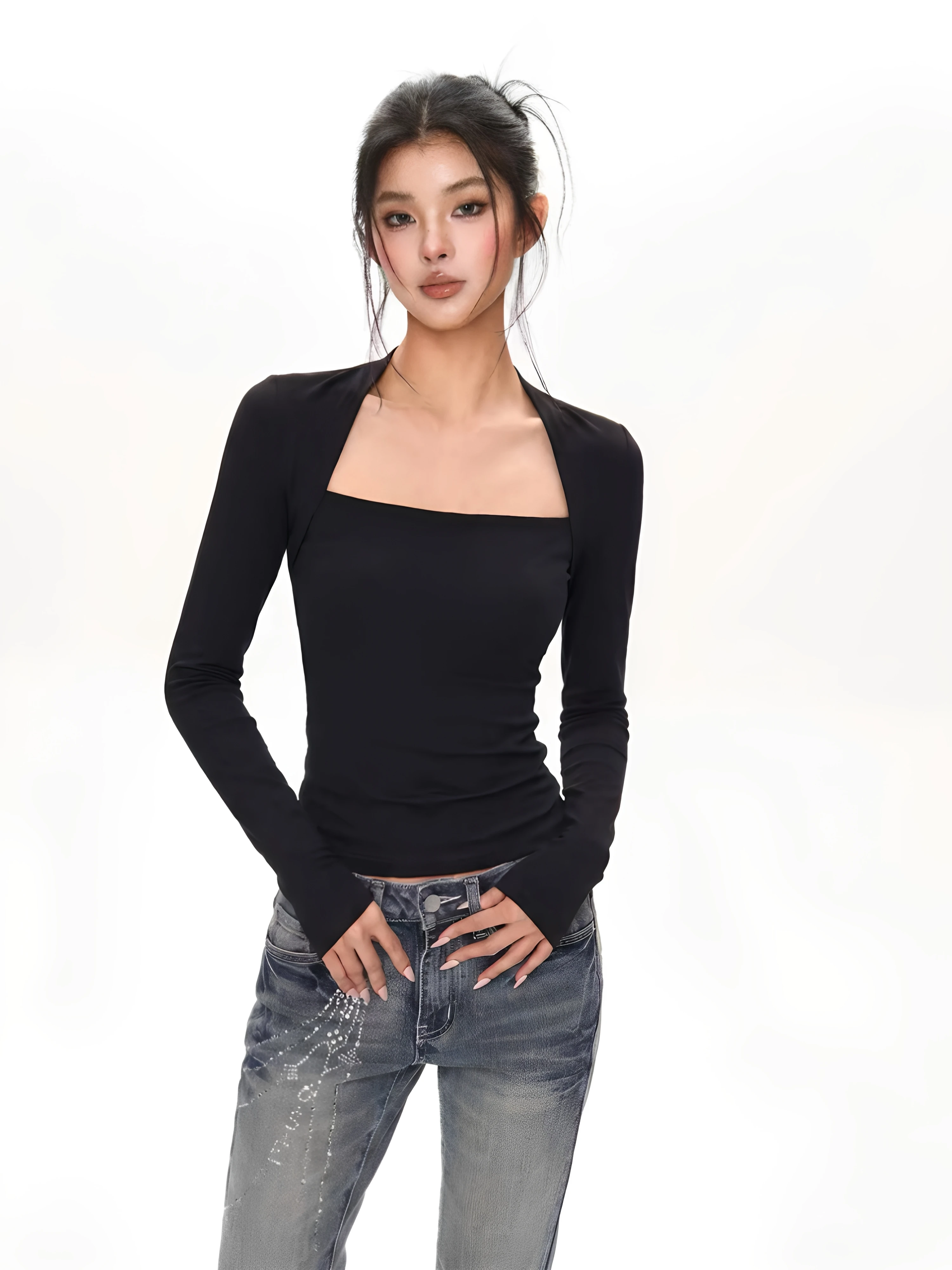 Slim Fit Square Collar Long Sleeve T-Shirt Women's Base Shirt Sexy Shoulder Length Outerwear Inner Wear Spring Autumn New Style