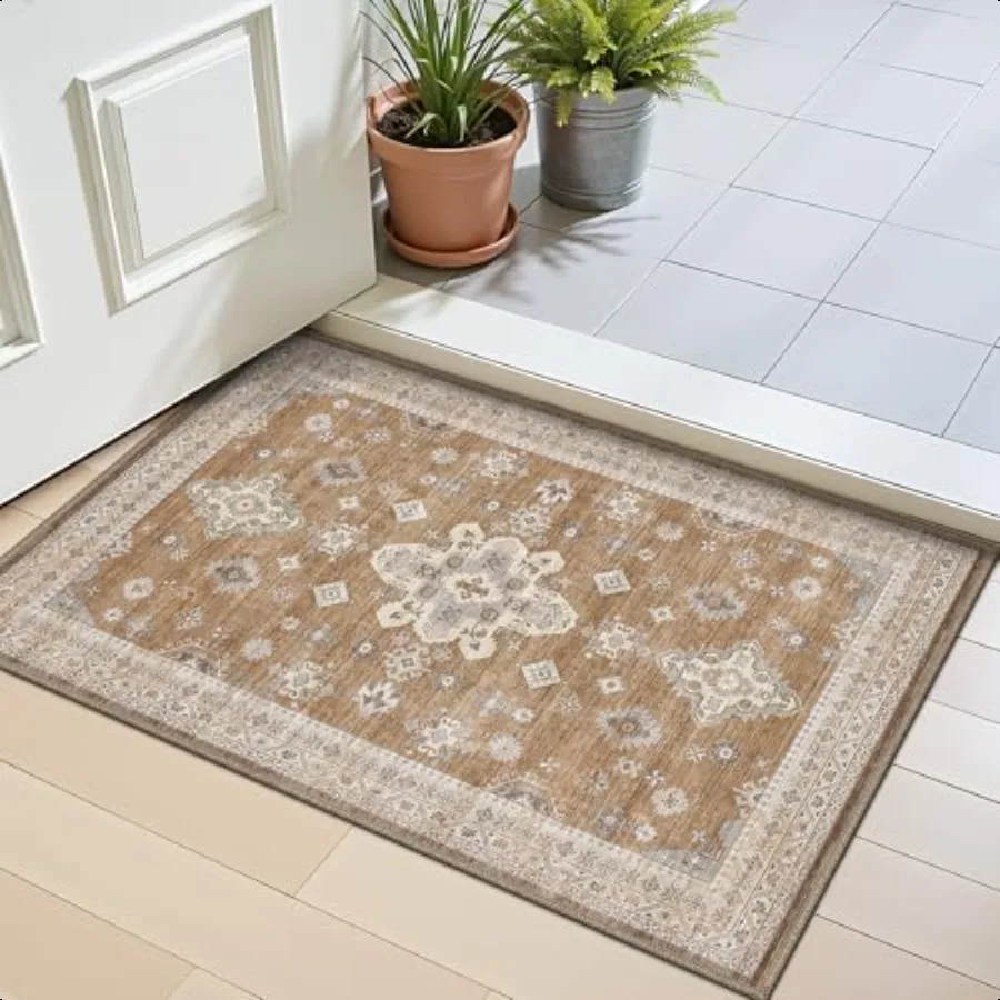

Indoor Thin Door Mat 18x30 Washable Small Inside Doormat Non Slip Low Pile Oriental Floor Carpet Distred Area Rug for Front Do