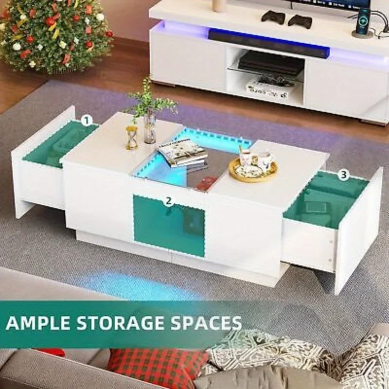 Mesa de centro moderna LED com tomadas de energia Mesa de sala de estar branca com 2 gavetas
