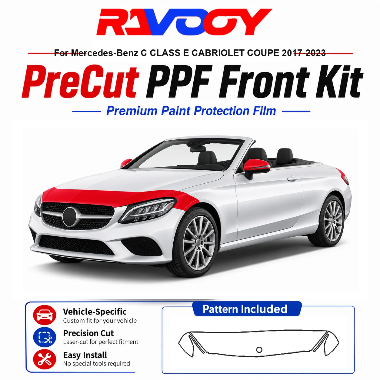 

8.5mil TPU Precut PPF Kit For Mercedes-Benz C CLASS E CABRIOLET COUPE 2017-2023 - Hood, Fenders & Mirrors Clear Bra