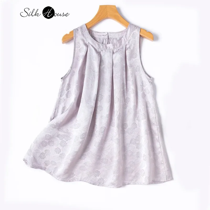 

2025 Women's Fashion Summer New 100% Natural Mulberry Silk Jacquard Flower Rose French Elegant Sleeveless Purple Tank Top
