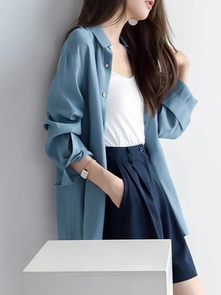 

Синий женский шифоновый летний кардиган средней длины с защитой от солнца, дышащий, тонкий, в корейском стиле, с длинными рукавами