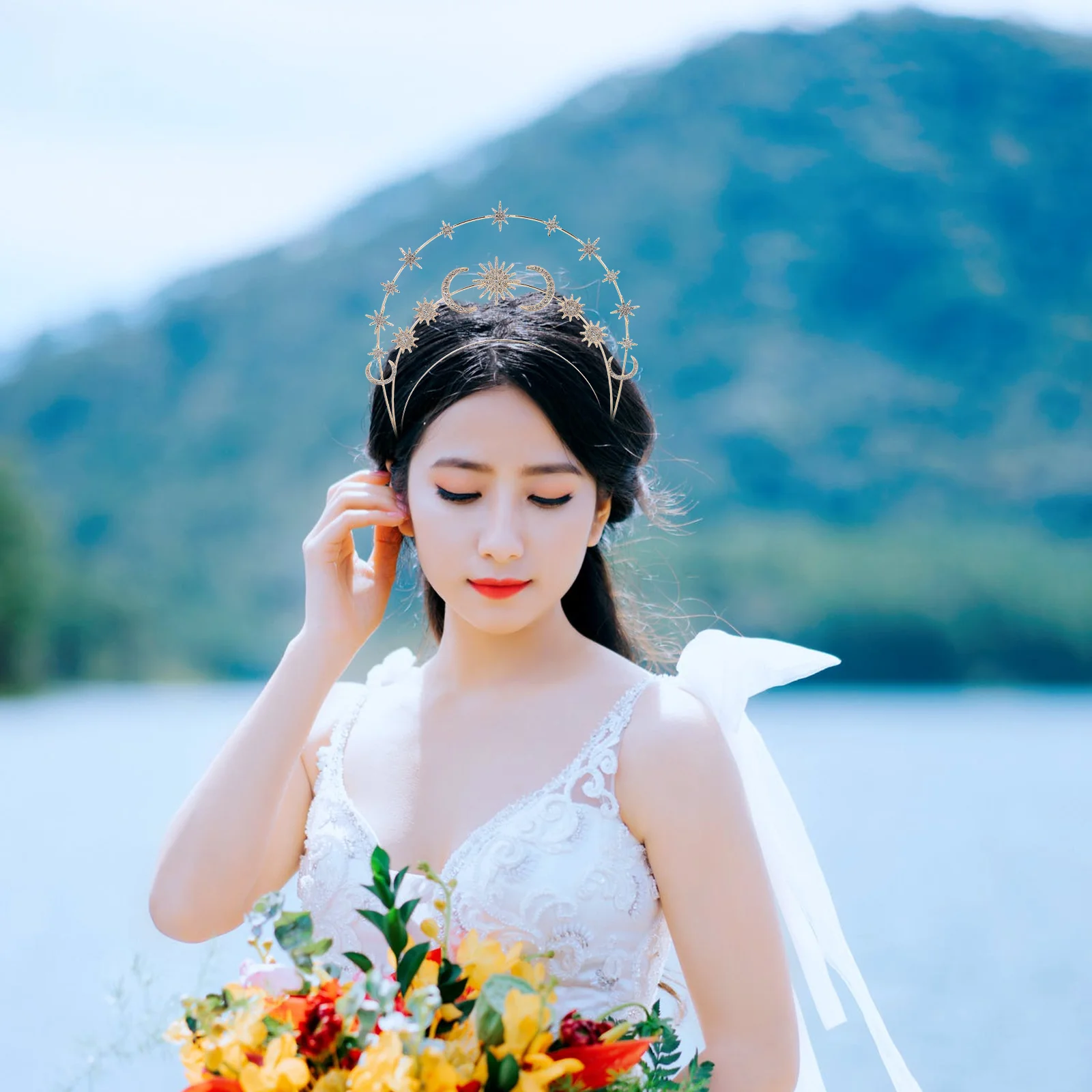 

Goddess Crown Headband Three Tier Star Moon Crown Headpiece for Wedding Festival Cosplay Hair Accessories