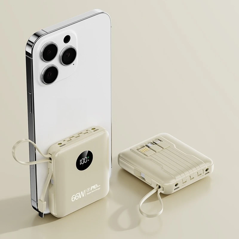 66W Super Fast Charge Mini Power Bank with Built-in Cable 20000mAh High Capacity Portable Charger