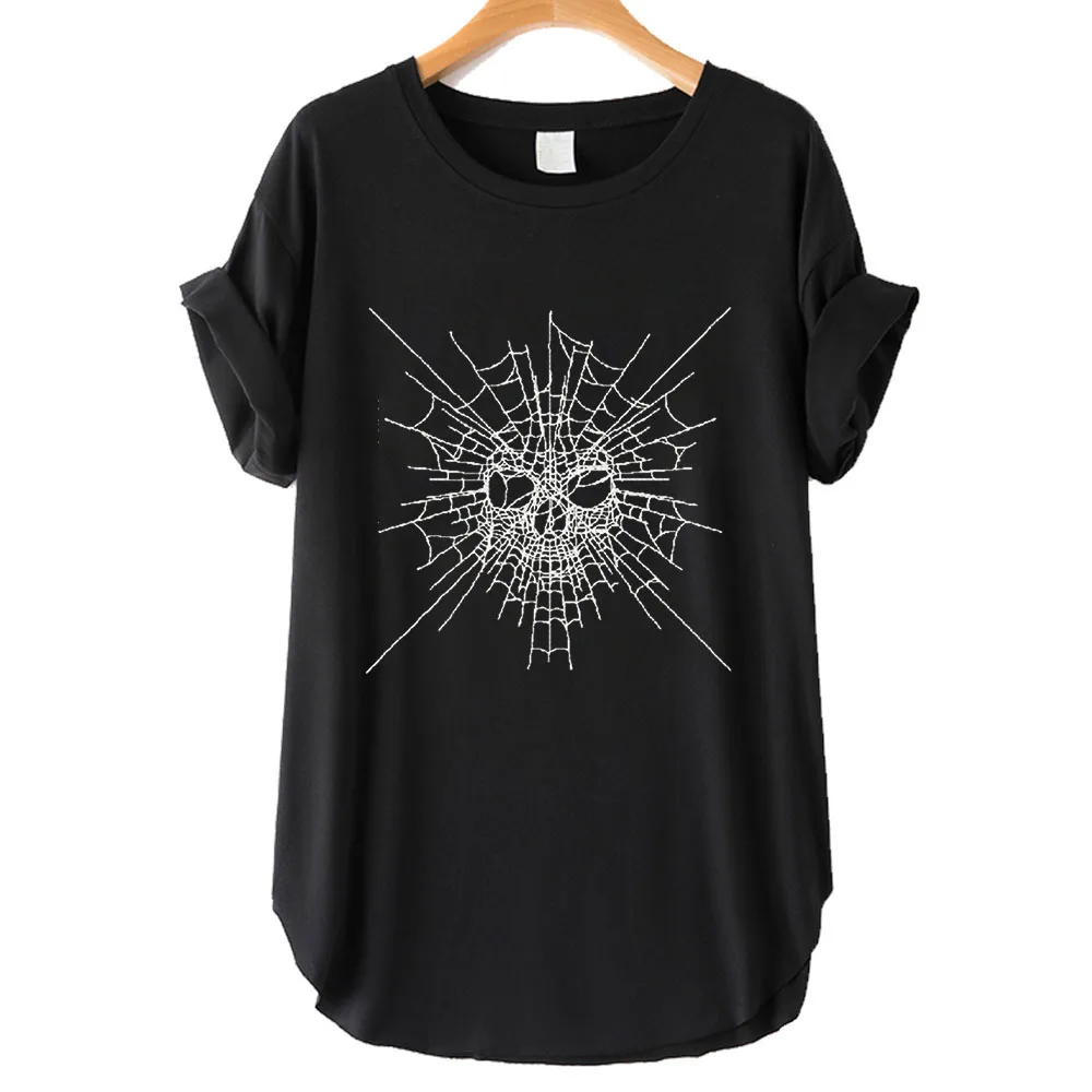 

Seeyoushy Spider Skull Print 2023 New Short Sleeve O-neck Women's T-shirt Side Slit Women's Top Y2K Aesthetic Women's Clothing