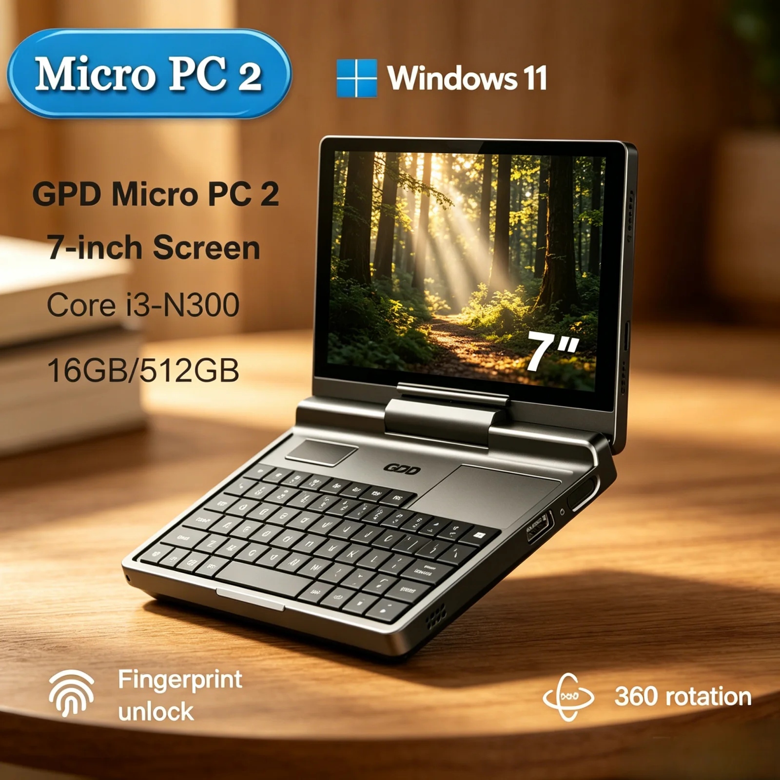 Rise Might GPD Micro PC 2: 7" Bright Touch Screen, 16GB RAM, 512GB SSD, N300 CPU, Windows 11 The Super Palm-Sized Mini Laptop